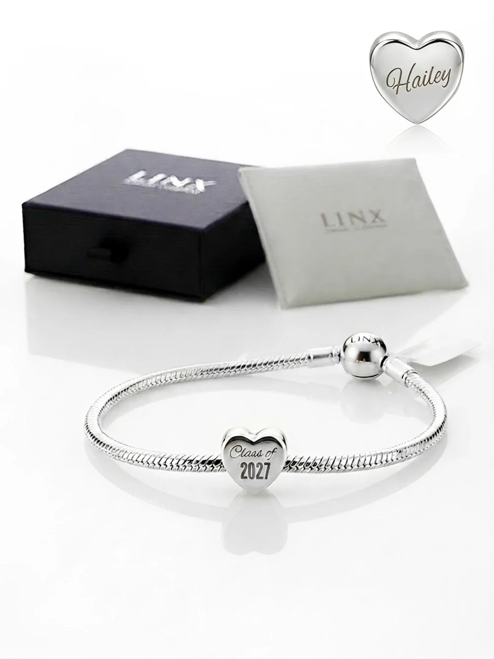 Linx Snake Chain Bracelet with Class of 2027 Graduation Heart Charm
